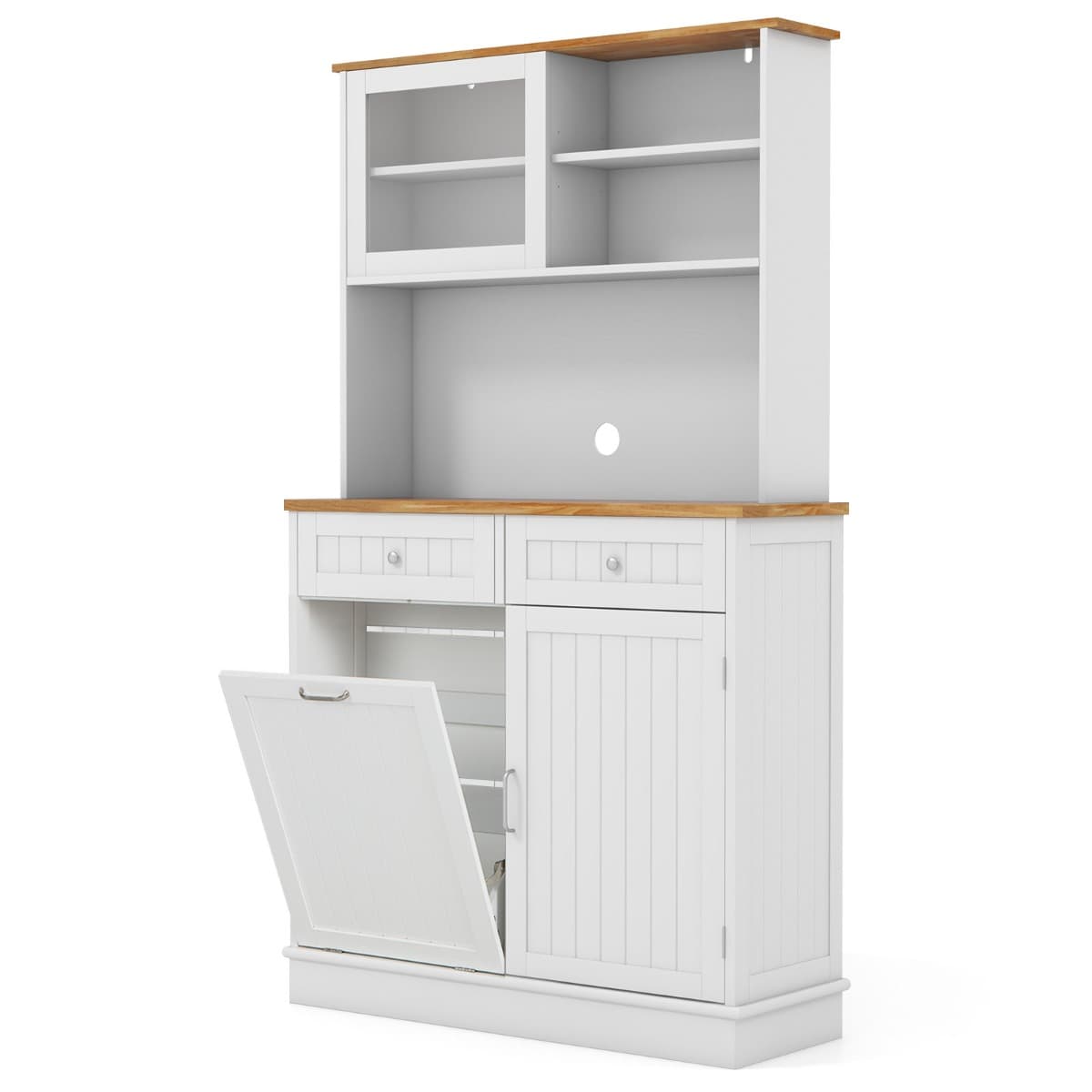 CostwayArmoire à Poubelle Inclinable 38 L avec Clapier Armoire de Rangement Garde-manger de Cuisine avec Comptoir en Bois d'Hévéa Blanc