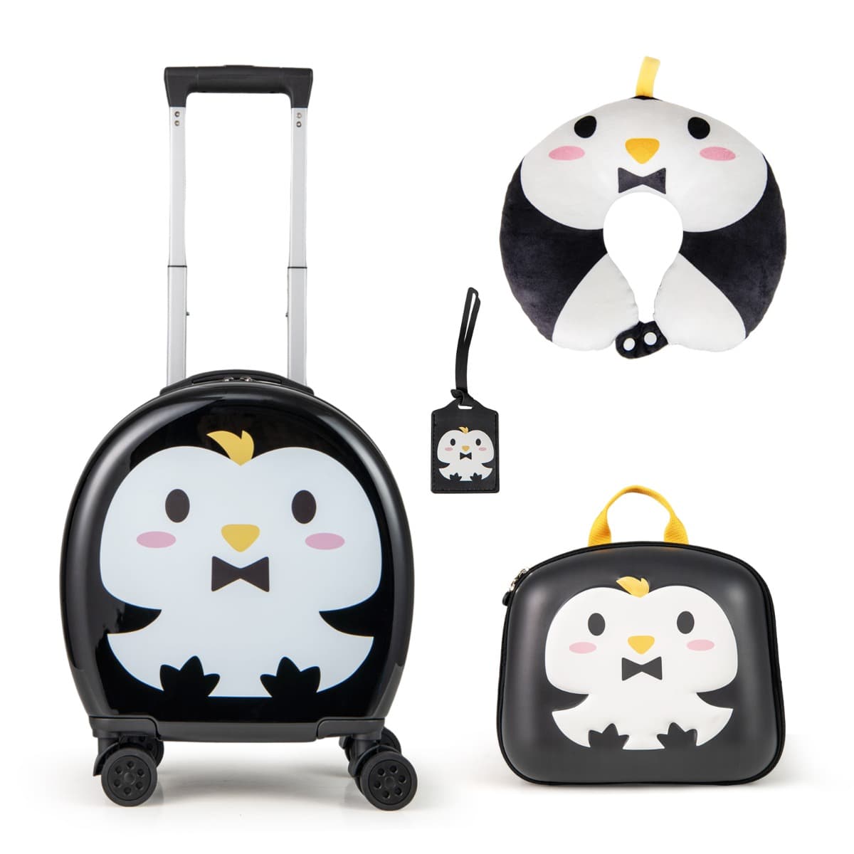 CostwayEnsemble de Bagages pour Enfants Ensemble de Valises d'Aviation 4 Pièces avec Bagage à Main Sac à Dos de 35L Noir