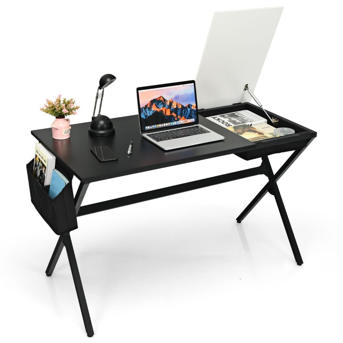 Bureau d'Ordinateur de 120CM Tiroir Cubique Caché Latéral Noir