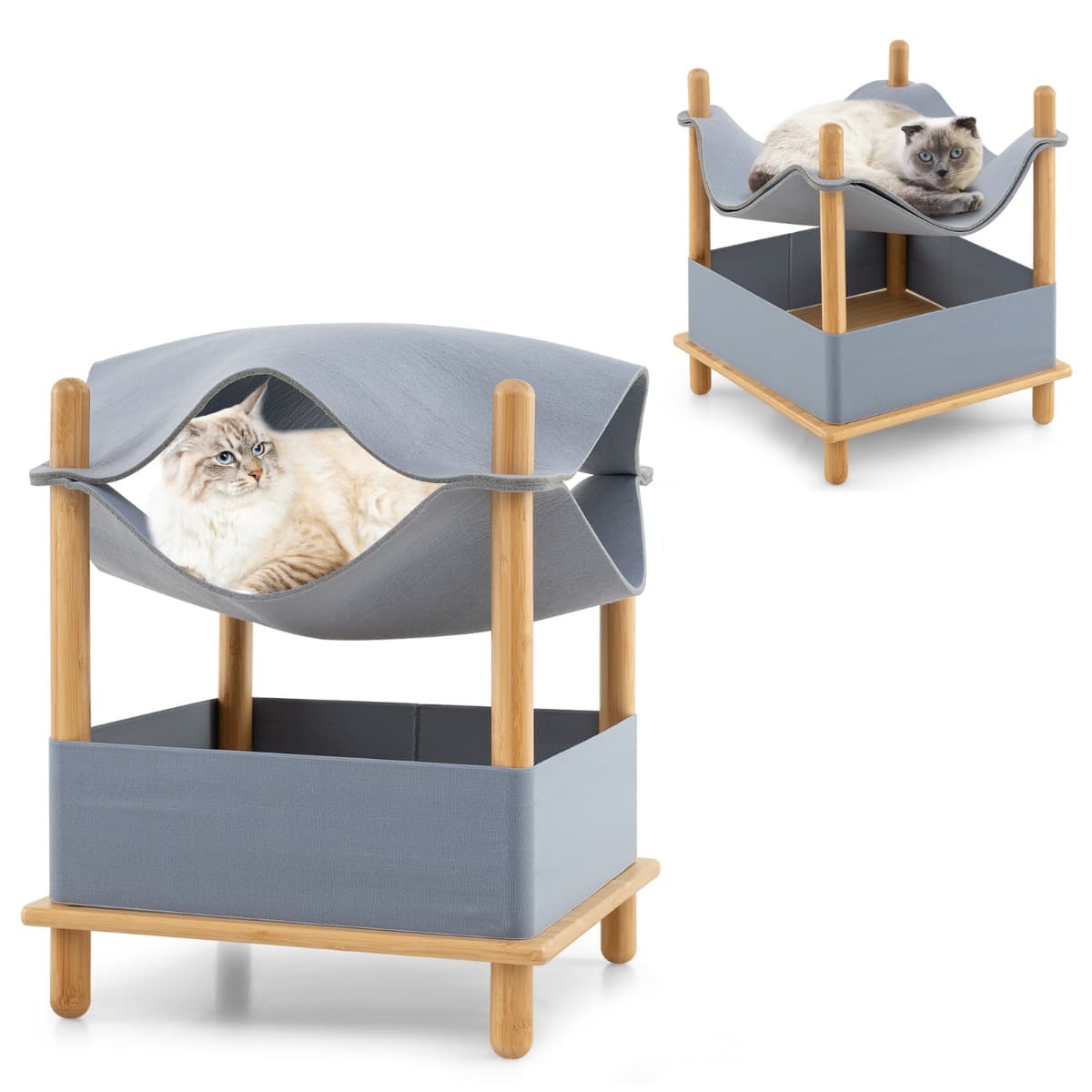 CostwayMaison pour Chat en Bois à 2 Niveaux Arbre à Chat Moderne avec Condo Semi-Clos Vêtements Amovibles Espace de Rangement Lit Hamac Élevé Gris