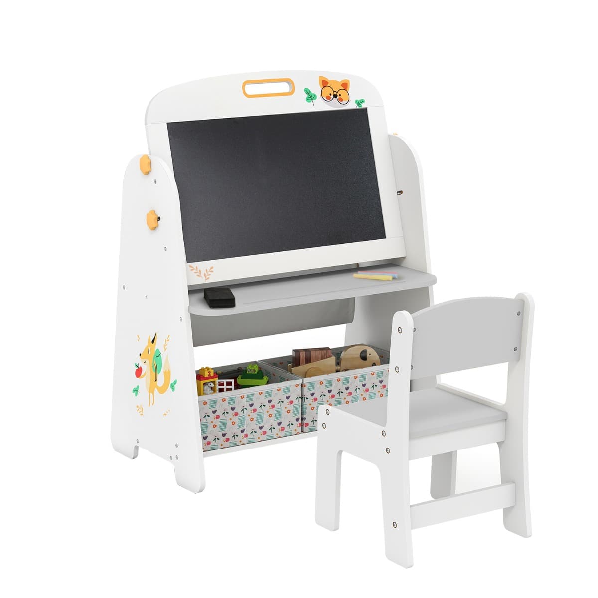 CostwayEnsemble Table et Chaises pour Enfants Chevalet d'Art et Étagère 4 en 1 avec Tableau Blanc et Tableau Noir Magnétiques pour Dessiner Gris