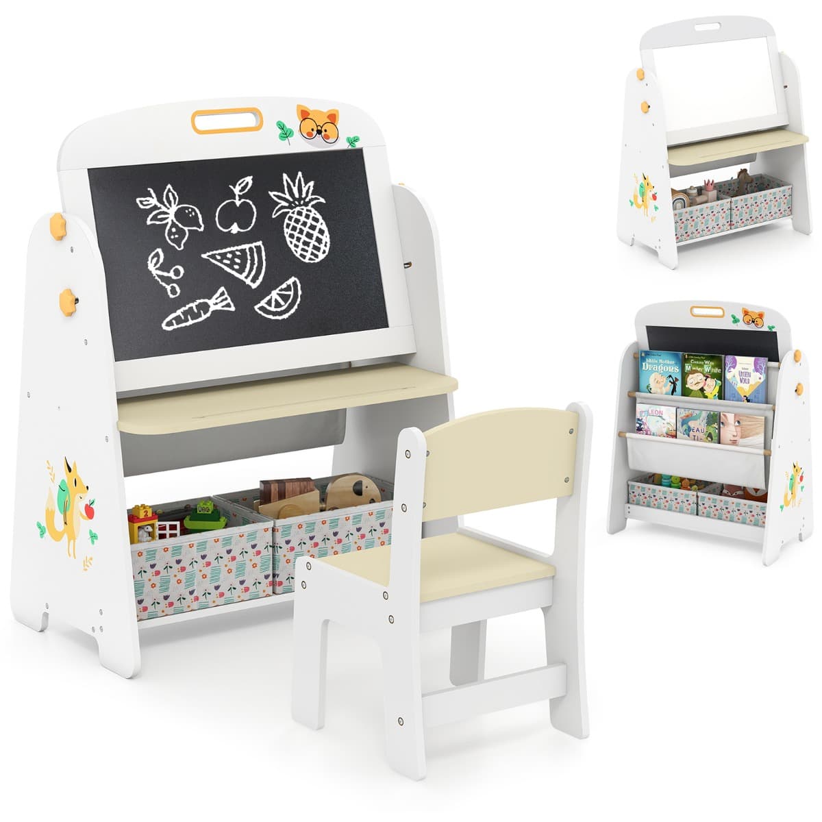 CostwayEnsemble Table et Chaises pour Enfants Chevalet d'Art et Étagère 4 en 1 avec Tableau Blanc et Tableau Noir Magnétiques pour Dessiner Blanc