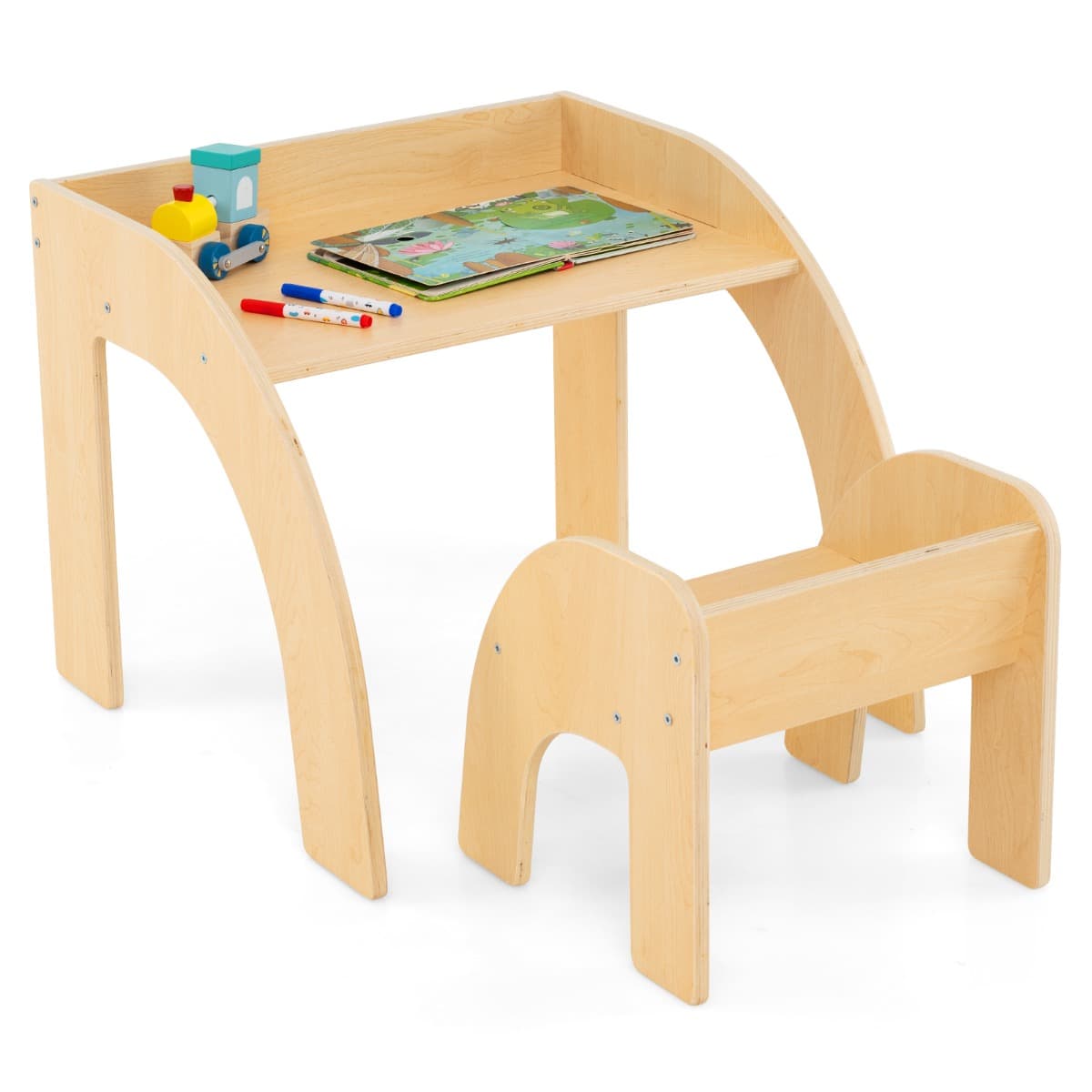 CostwayEnsemble Table et Chaise pour Enfants Mignon Ensemble Table et Chaise d'Activité avec Grand Plateau Bords Arrondis Naturel