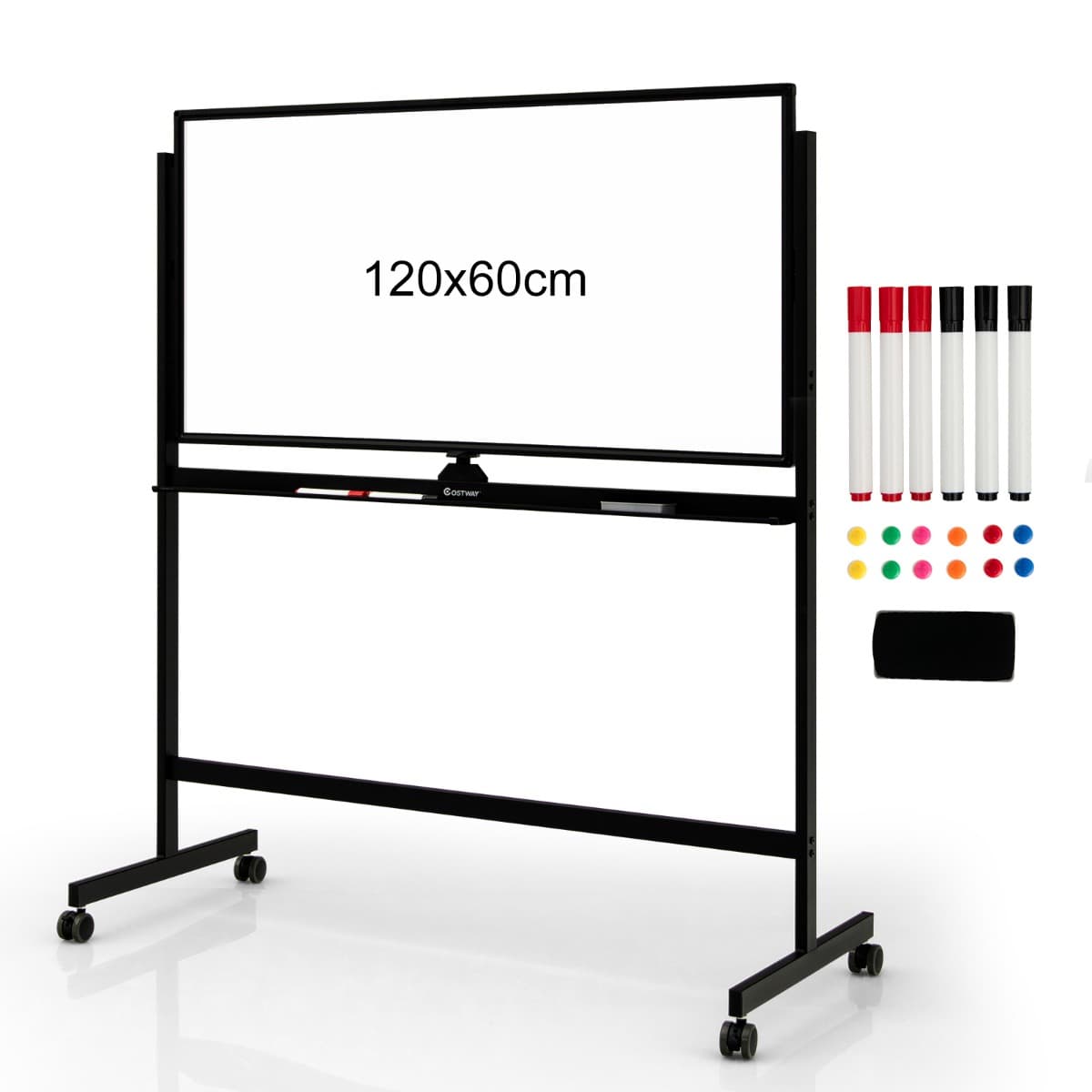 Tableau Blanc Mobile Magnétique Double Face avec 6 Marqueurs 12 Aimants et 1 Gomme pour Bureau Noir