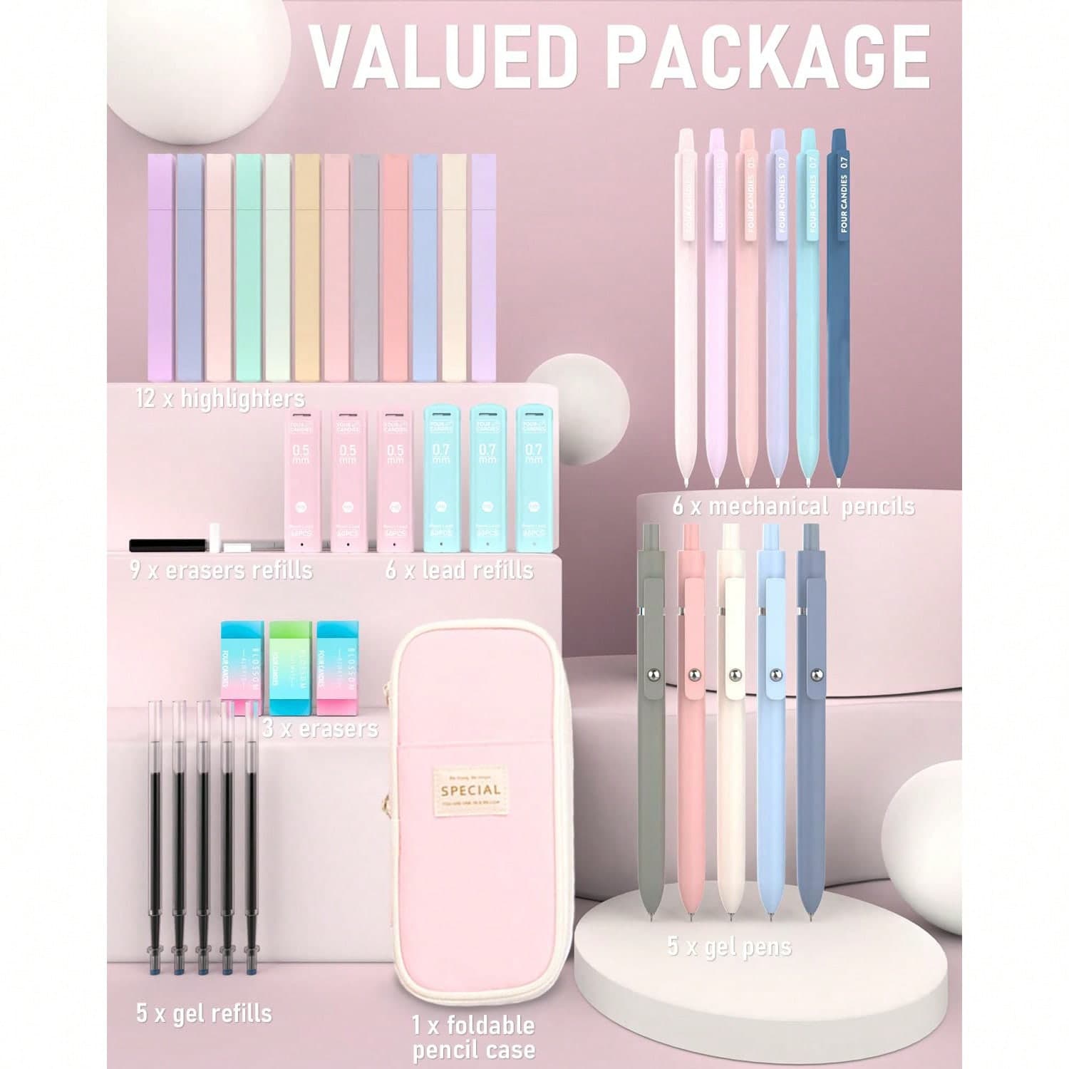 Lot de 39 fournitures scolaires esthétiques avec joli étui à stylos, 12 surligneurs pastel, 5 stylos gel à encre noire, 6 porte-mines 0,5 et 0,7 mm