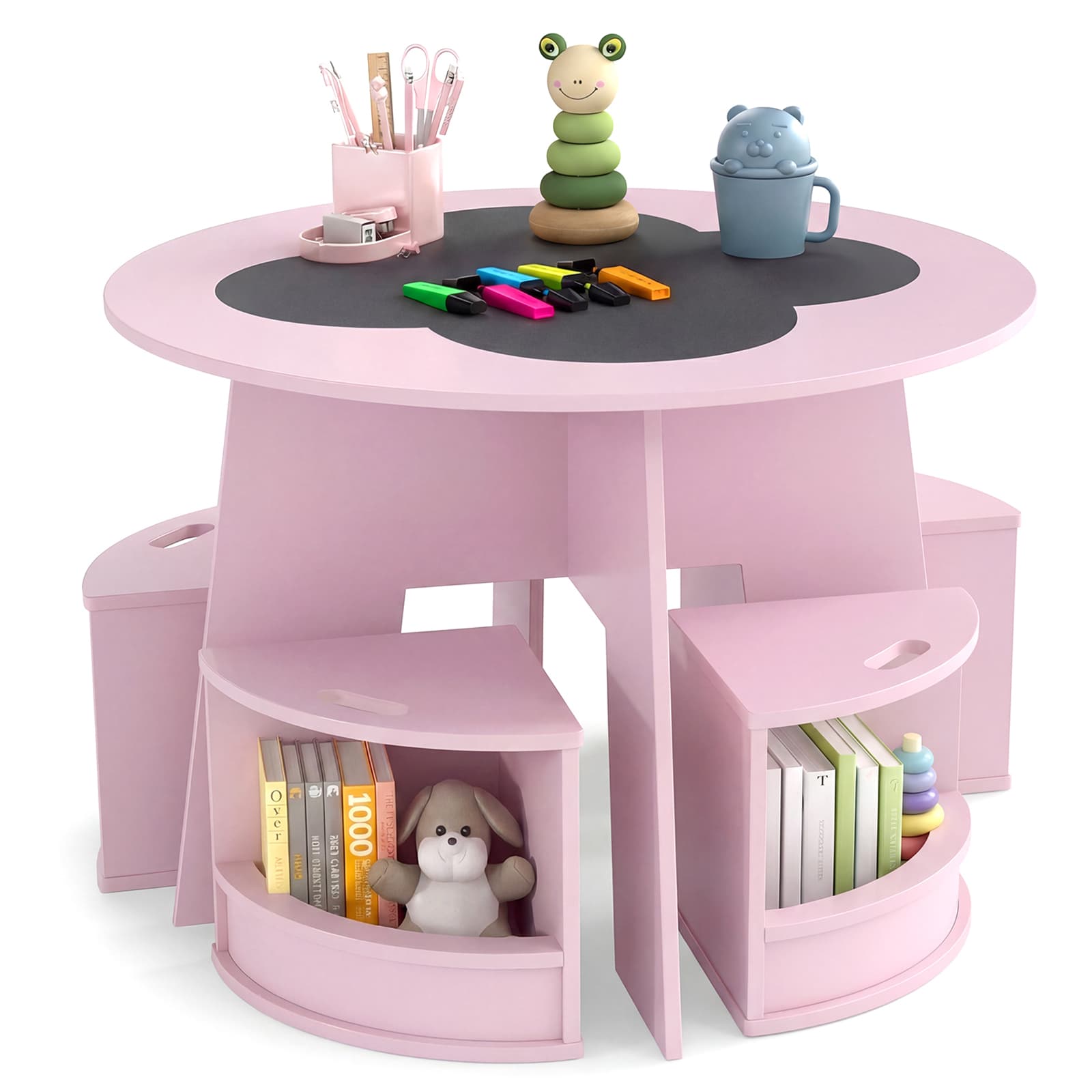 CostwayEnsemble Table et Chaises 5 Pièces pour Enfants Table Ronde avec Tabourets d’Activité Empilables pour Jeux Lecture Gain de Place Rose