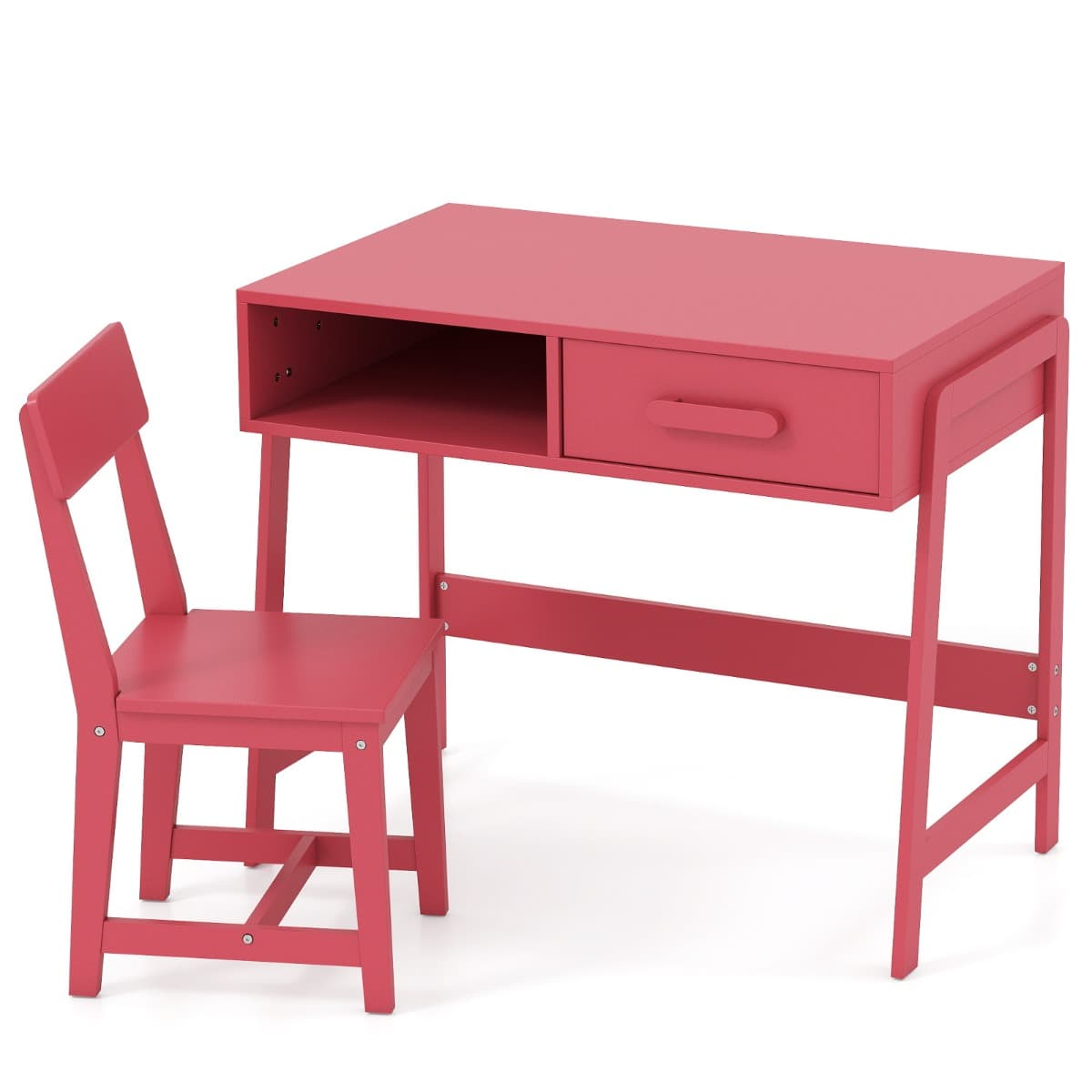CostwayEnsemble Bureau et Chaise pour Enfants Ensemble Table d'Étude en Bois avec Tiroir de Rangement et Étagère pour 3+ Ans Rose